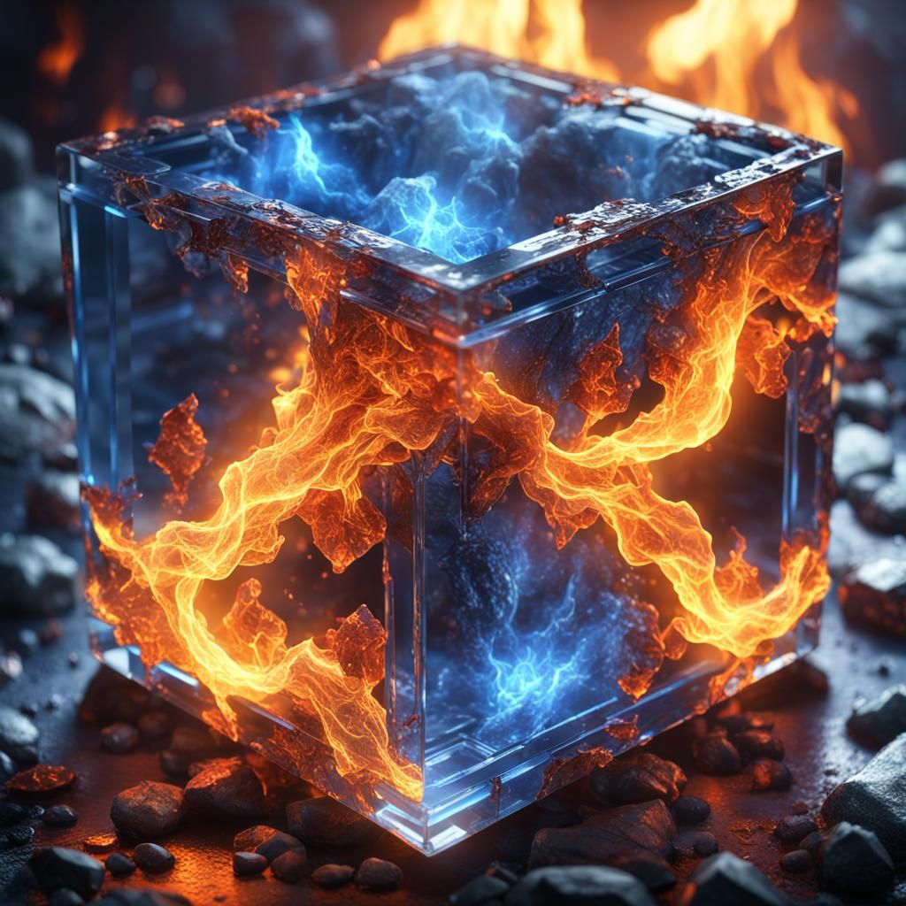 fire, Blue Lightening in a Crystal Cube, beautiful rendering...