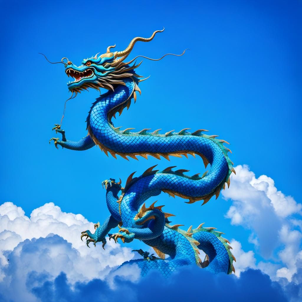 Mythical Eastern Dragon Soaring Through Blue Sky