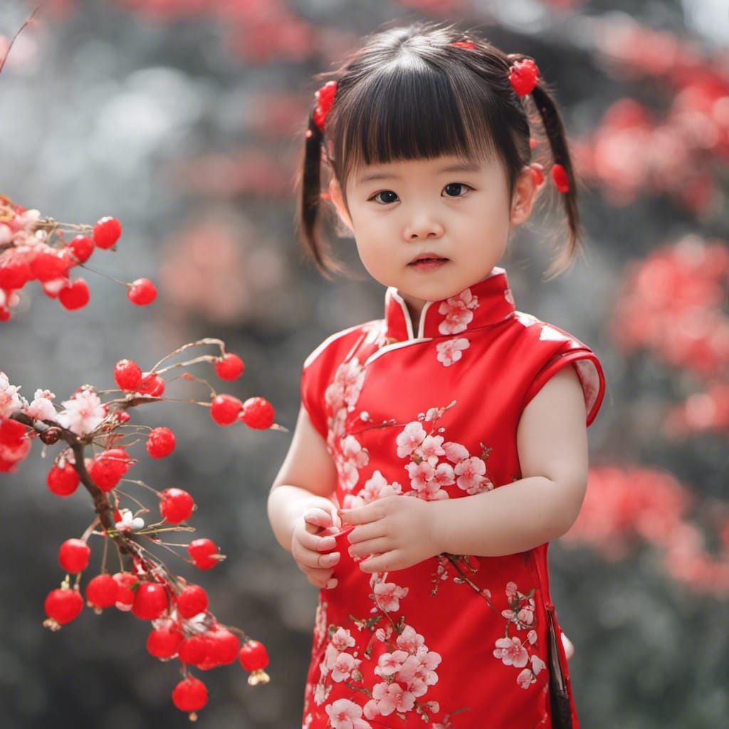Chinese toddler red qipao cherry flowers