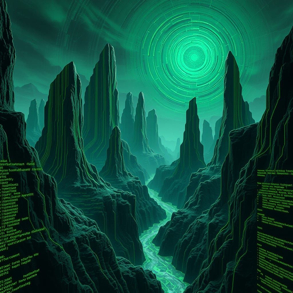 A surreal landscape where towering, monolithic structures are formed from cascading lines of vibrant green code. Rivers of data flow through...