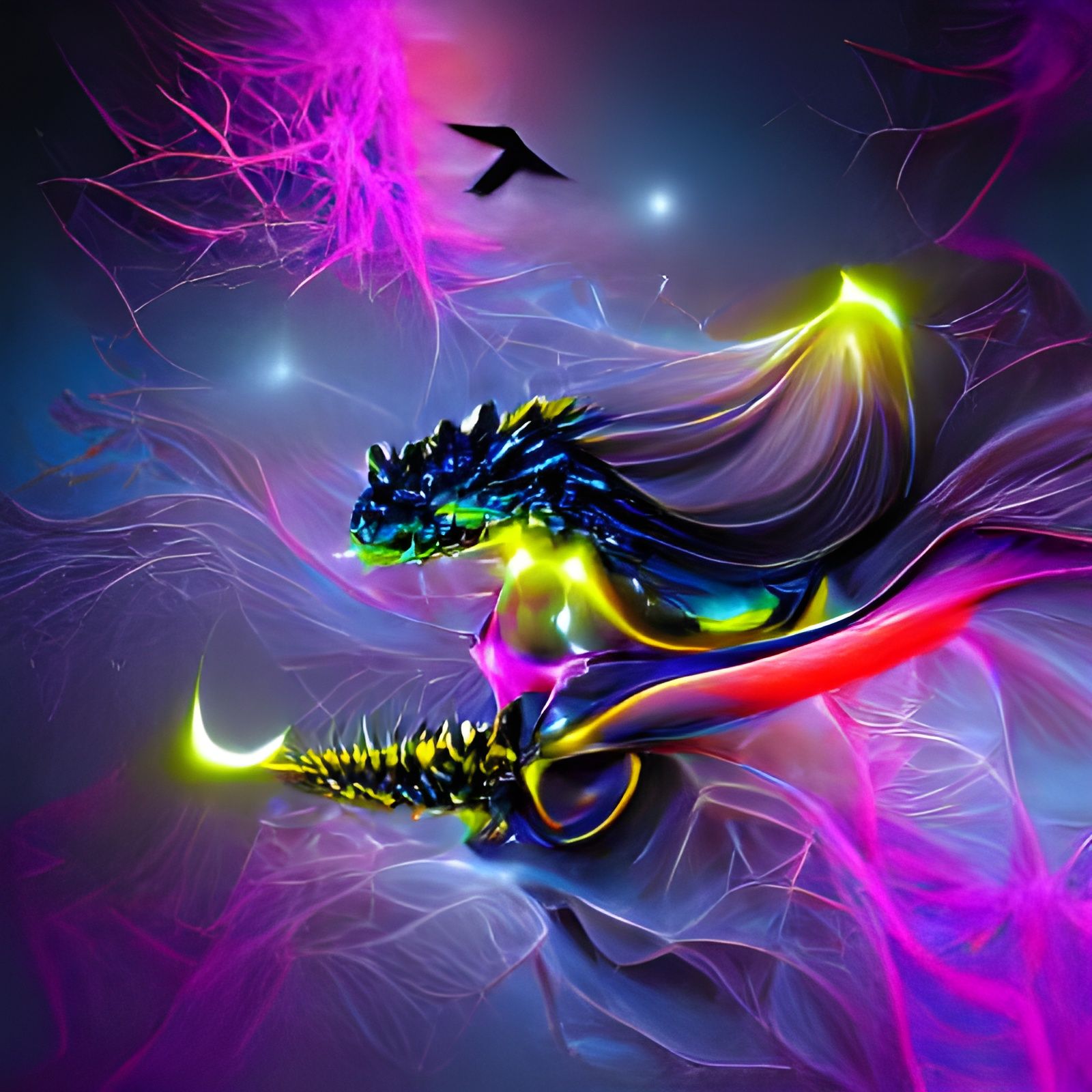 AI Art Generator Galaxy dragon with pretty rainbow eyes and vicious teeth  with spines down back with pretty purple and blue and shiny icy scales