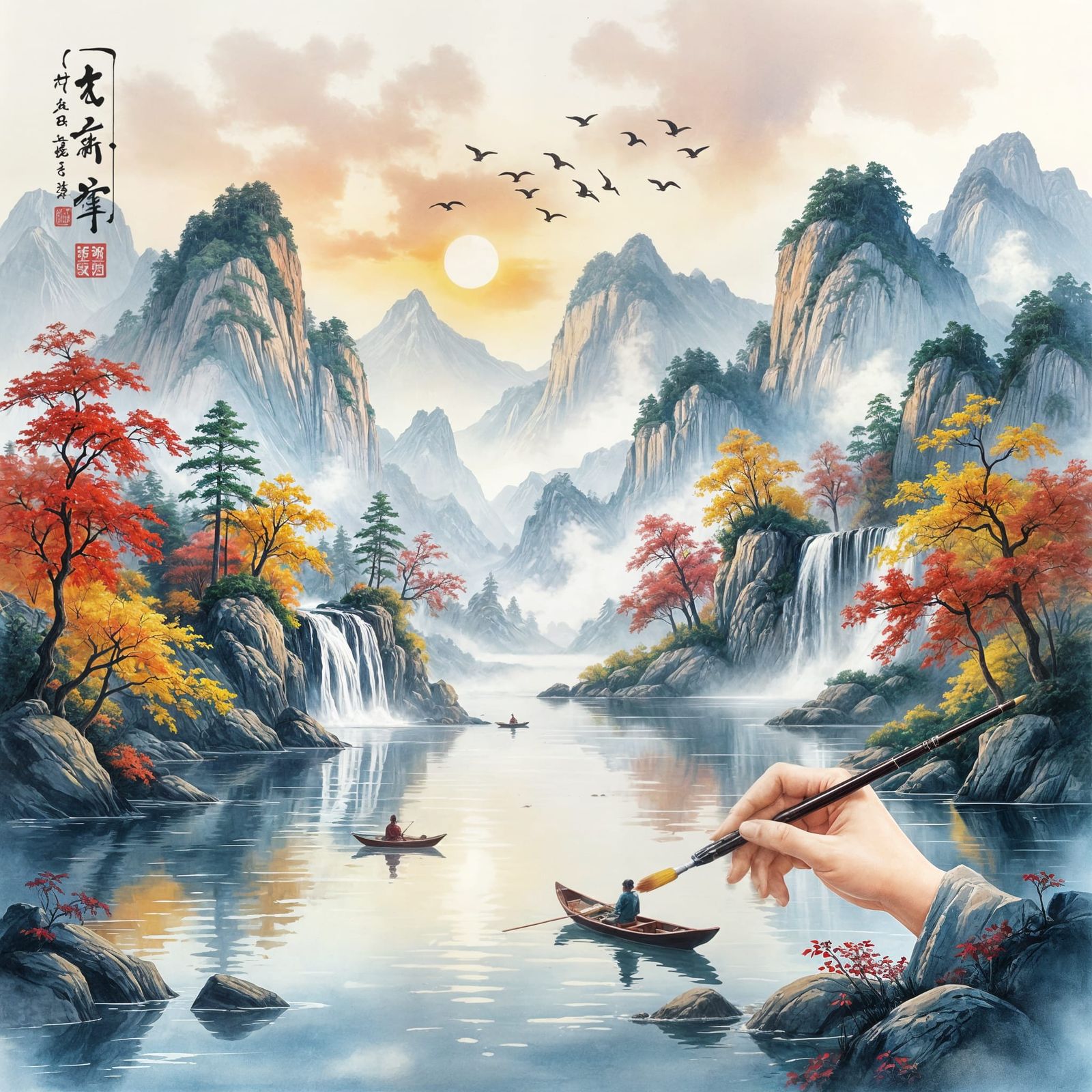 Autumn Landscape Painting with Calligraphy Brush