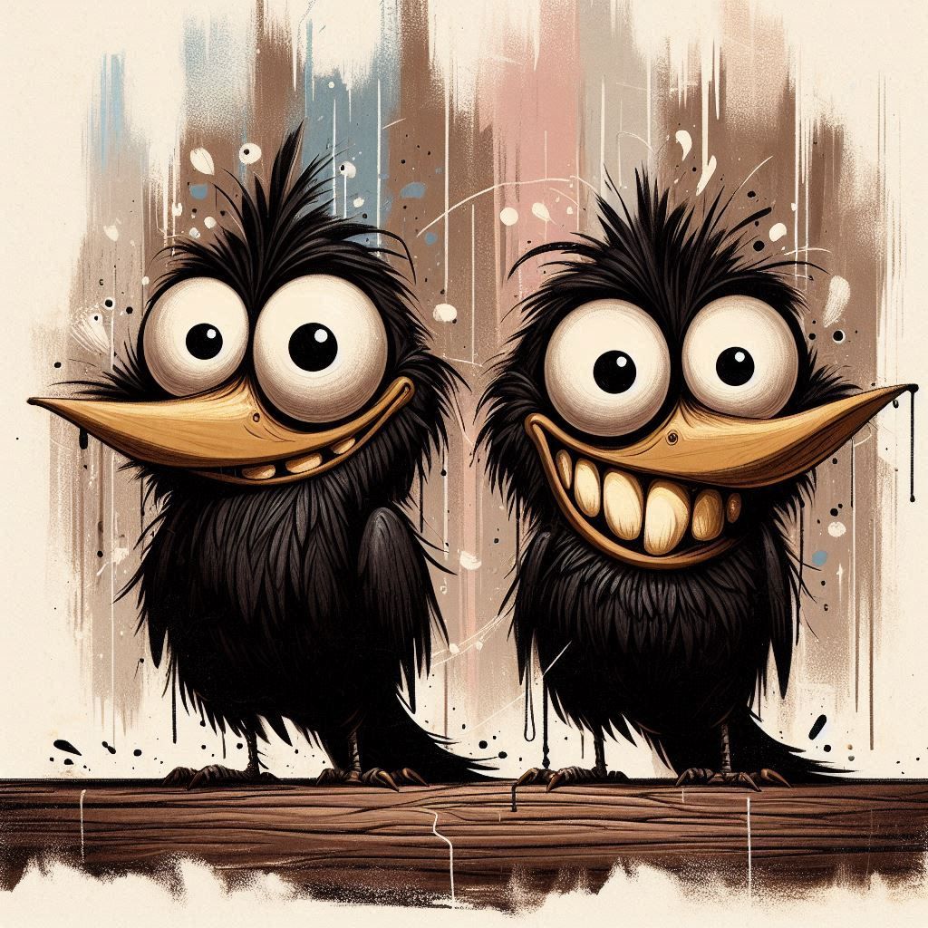two cartoonish black birds