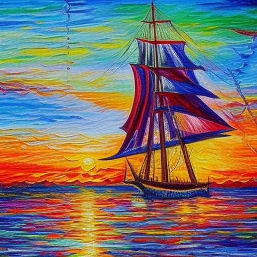 Crayon painted sail ship on a beautiful sundown  by @Mad Piece Maker