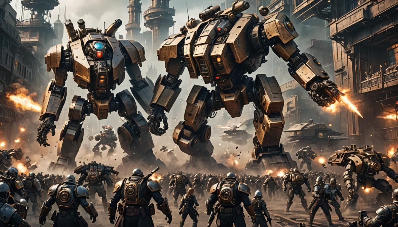 A huge battle of giant 60ft mechs in a steampunk style, set in a cyberpunk style battlefield with thousands of human soldiers fight below