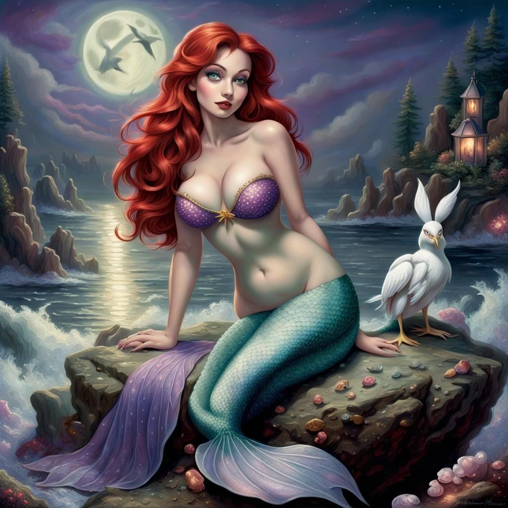 (((jessica rabbit))), ariel little mermaid, sitting on a roc...