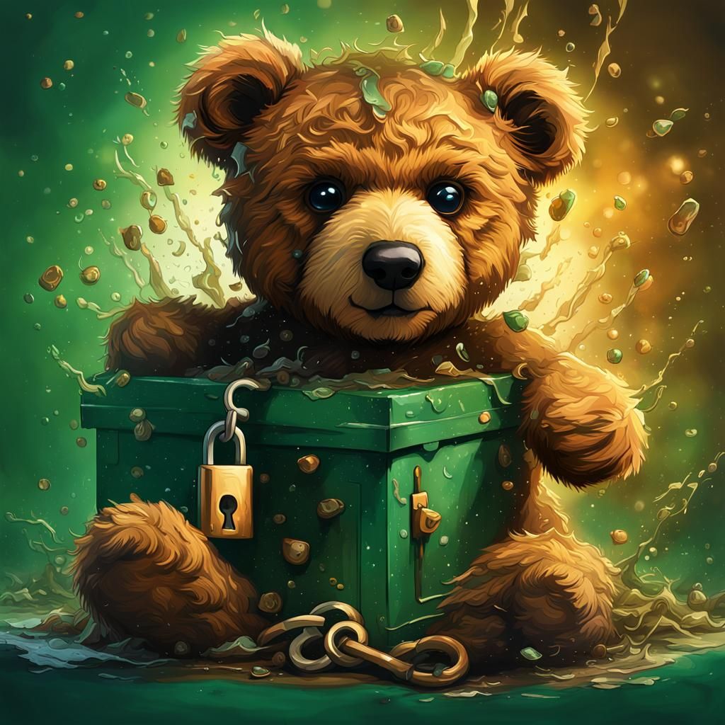 Cute brown teddy bear that has been freed from a dark green ...