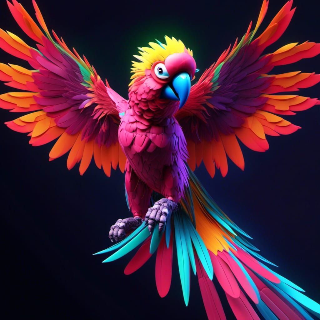 <lora:Deus Ex Machina:1.0> Glowing parrot,  spread wings, dark background 