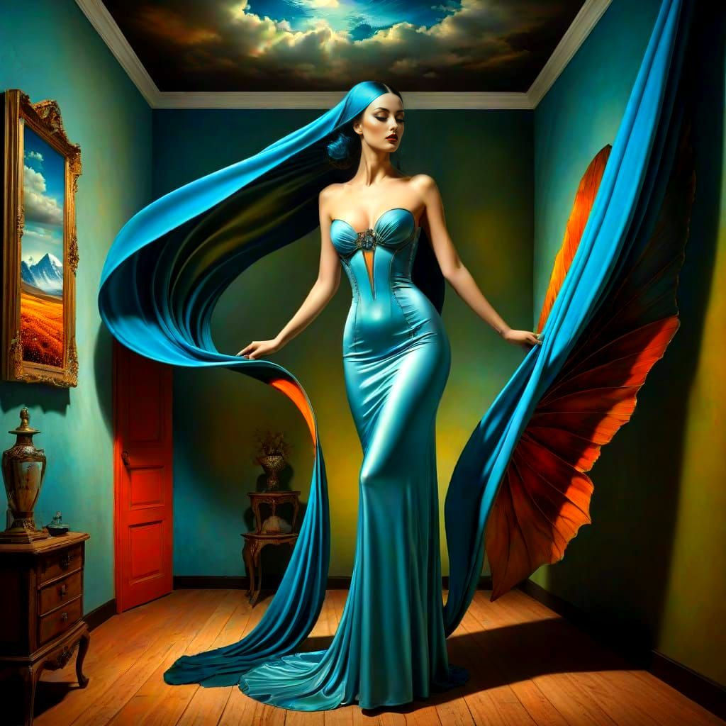 Surreal Lady in Fantastic Landscape, Photorealistic Art