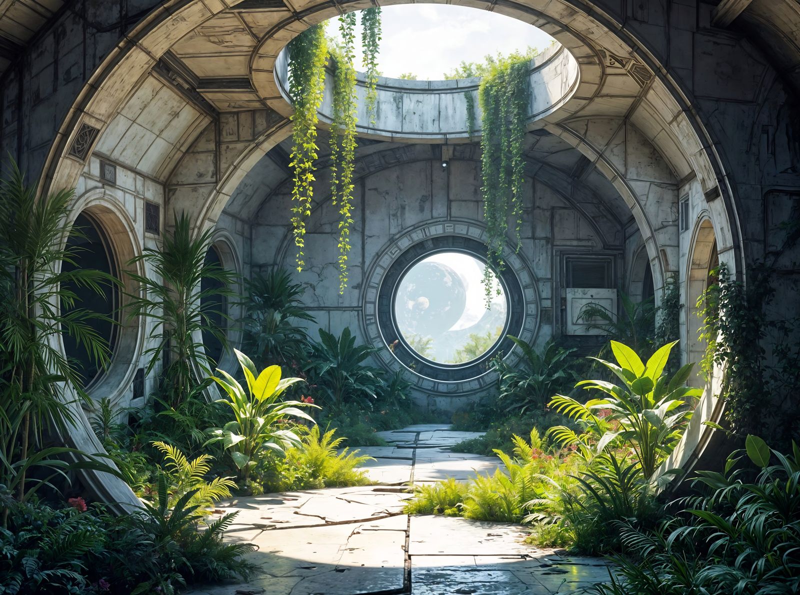 A breathtaking digital artwork of a lush garden inexplicably growing inside an abandoned lunar habitat ...  by @MARIUS CHIVU