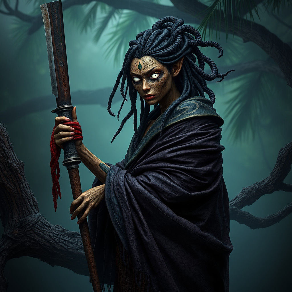 Dark fantasy concept art A full body female wooden-skinned s...