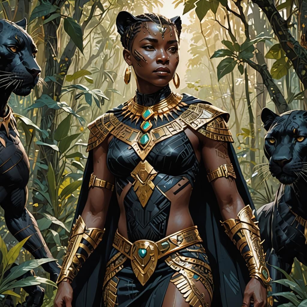 A black panther with a woman's body in traditional Aztec warrior attire standing in the jungle, wearing a cape, golden outlines, highly deta...'s body in traditional Aztec warrior attire standing in the jungle, wearing a cape, golden outlines, highly deta...