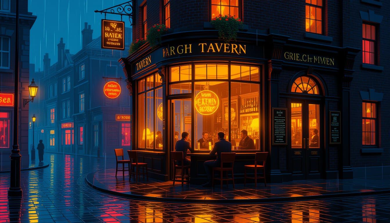 A glowing tavern window on a rainy night surrealistic  by @IoanM