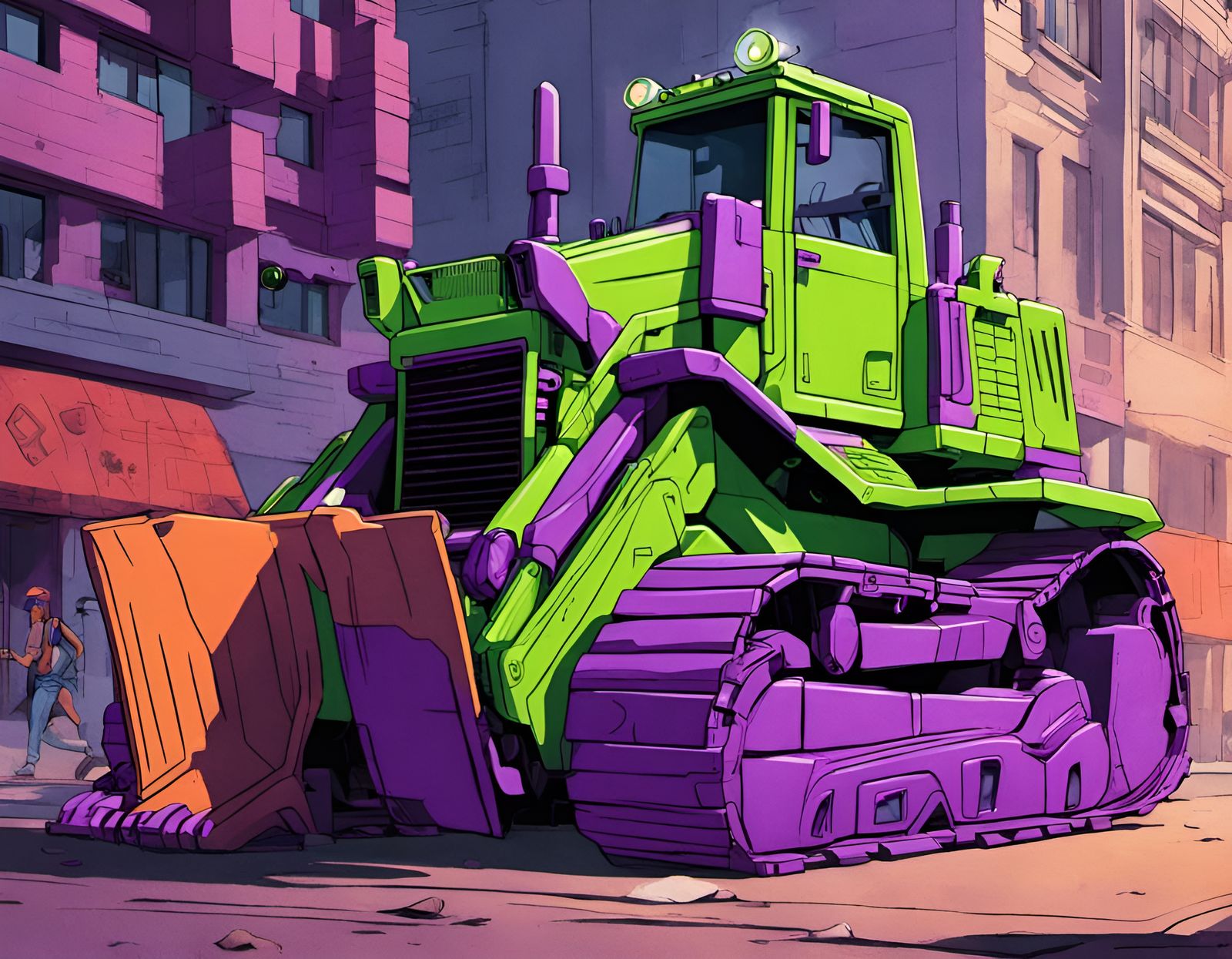 The neon green bulldozer with purple accents. A Constructicon from the 1980s Transformers cartoon is rolling down the st...