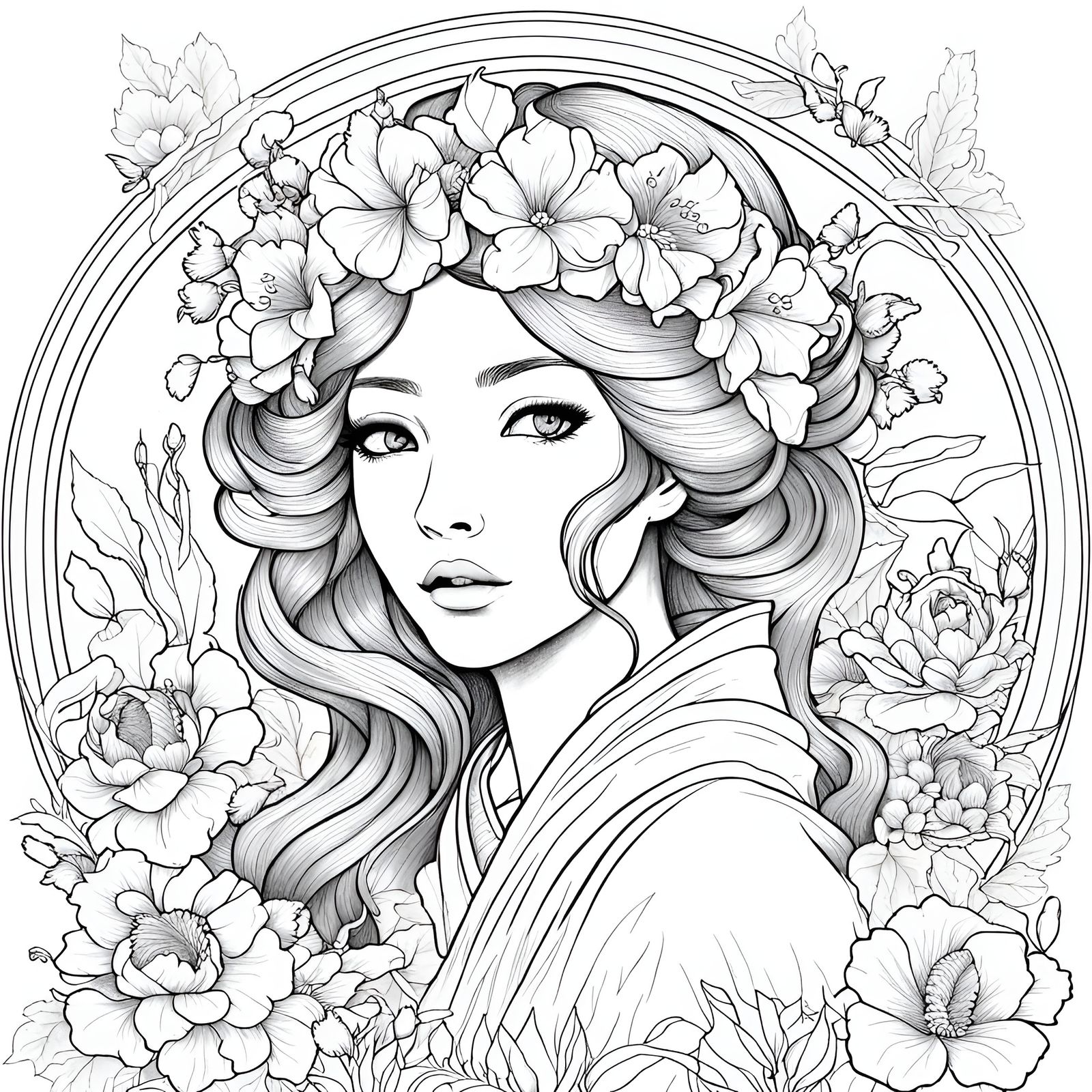 Beautiful Princess Surrounded by Flowers, Coloring Page - AI Generated ...