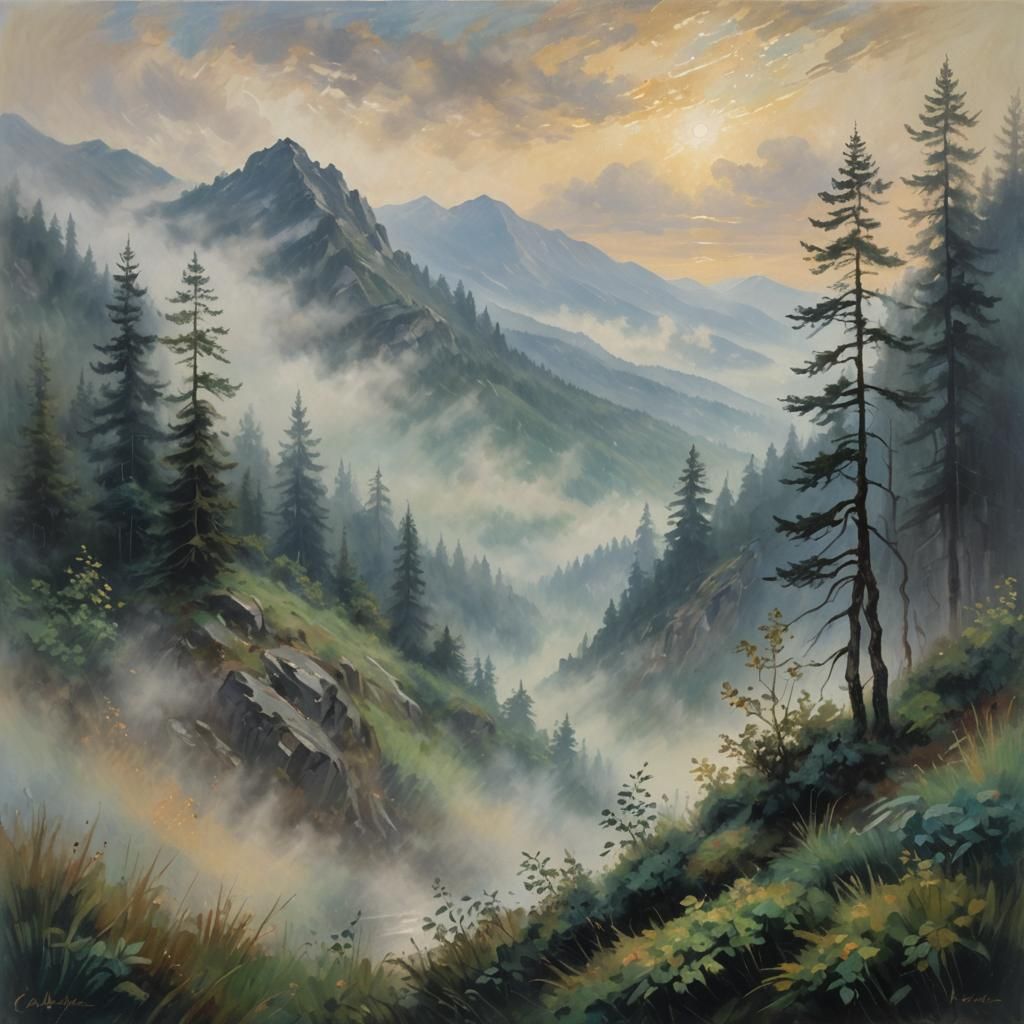 A foggy misty dark mountain morning, 