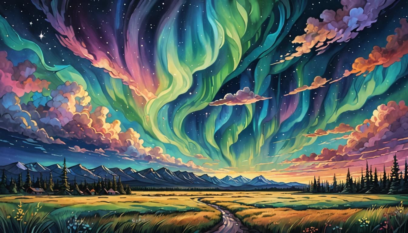 Stained glass, Northern lights, Prarie landscape, at midnight, stars shining AI Generated