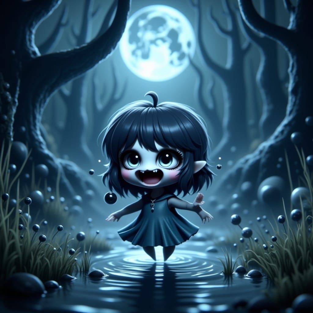 <lora:Flux Chibi:1.0> a whimsical yet eerie scene featuring a chibi-style banshee in a spooky bog at night. This tiny banshee, both adorable...