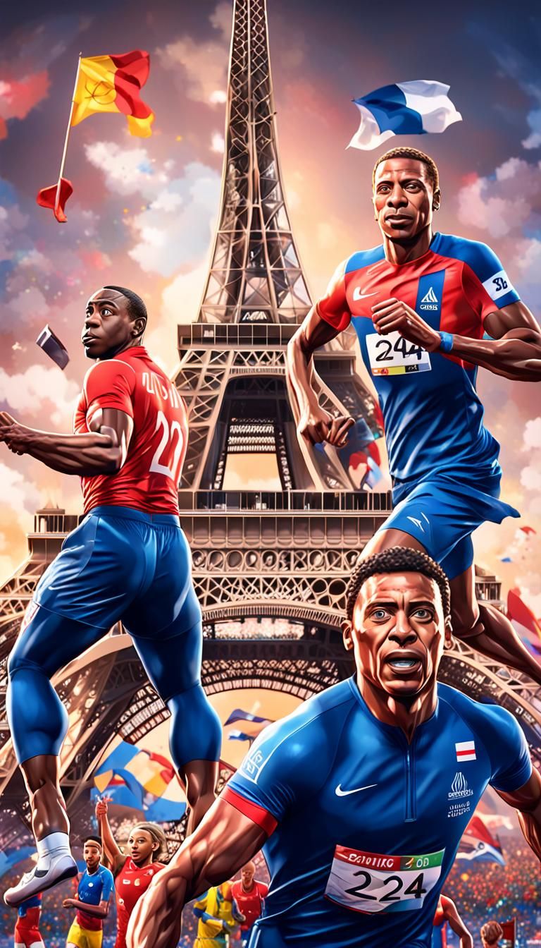 Comic style poster of France 2024, with the Eiffel Tower and...