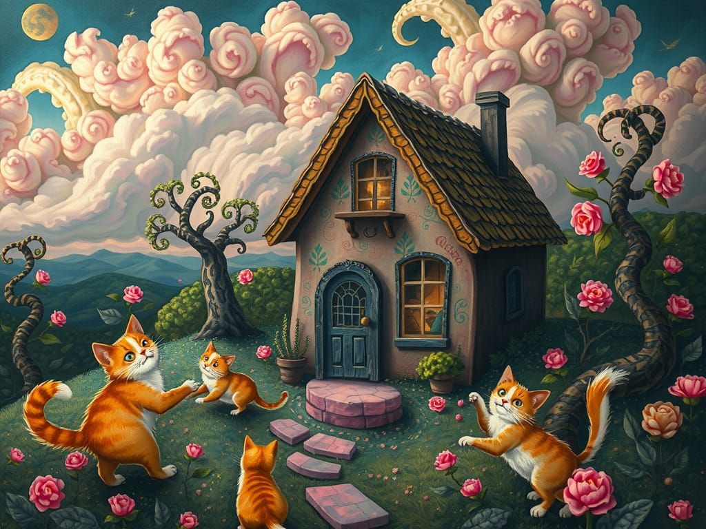 Art generated in the Surrealist style.; cute whimsical cats ...