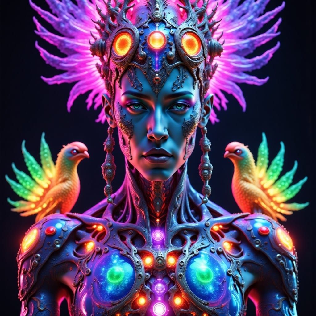 Amazing detailed photorealistic kaleidoscopic blacklight UV light portrait beautiful shaman surrounded by exotic birds bioluminescence, drea...