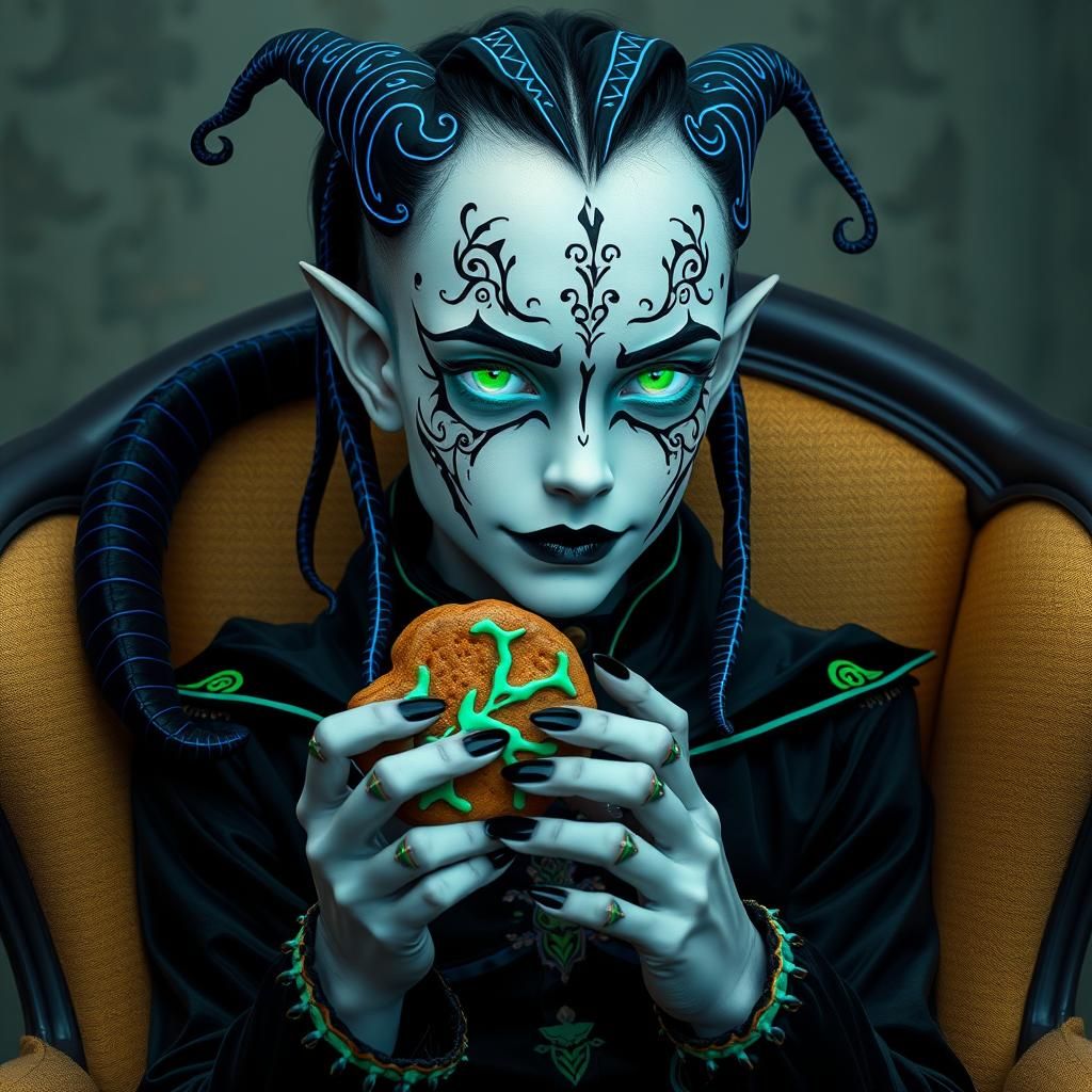 A gentle and friendly young man with chalk white skin, glowing green