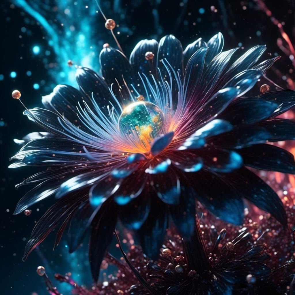 intricate bioluminescent black symbiote Flower made as constellation ...