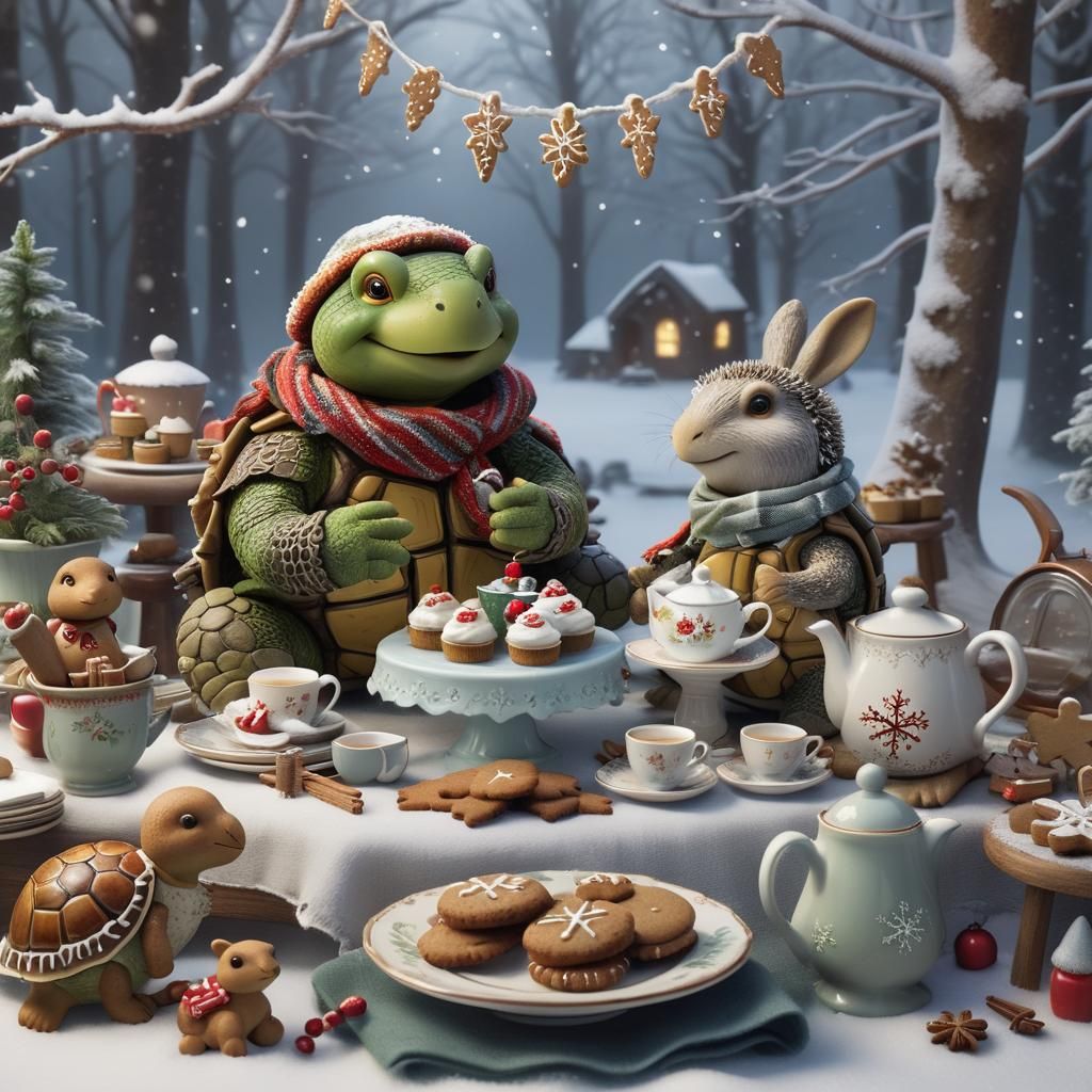 A cozy turtle hosts a tea party in a snowy winter wonderland