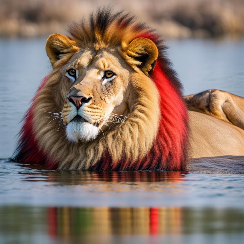 A lion lying in the water, its fur colored white, red, yello...