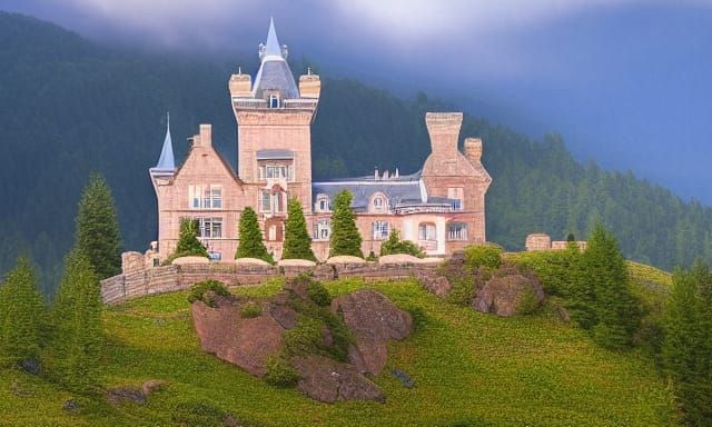 A victorian castle on a mountain in a picturesque landscape