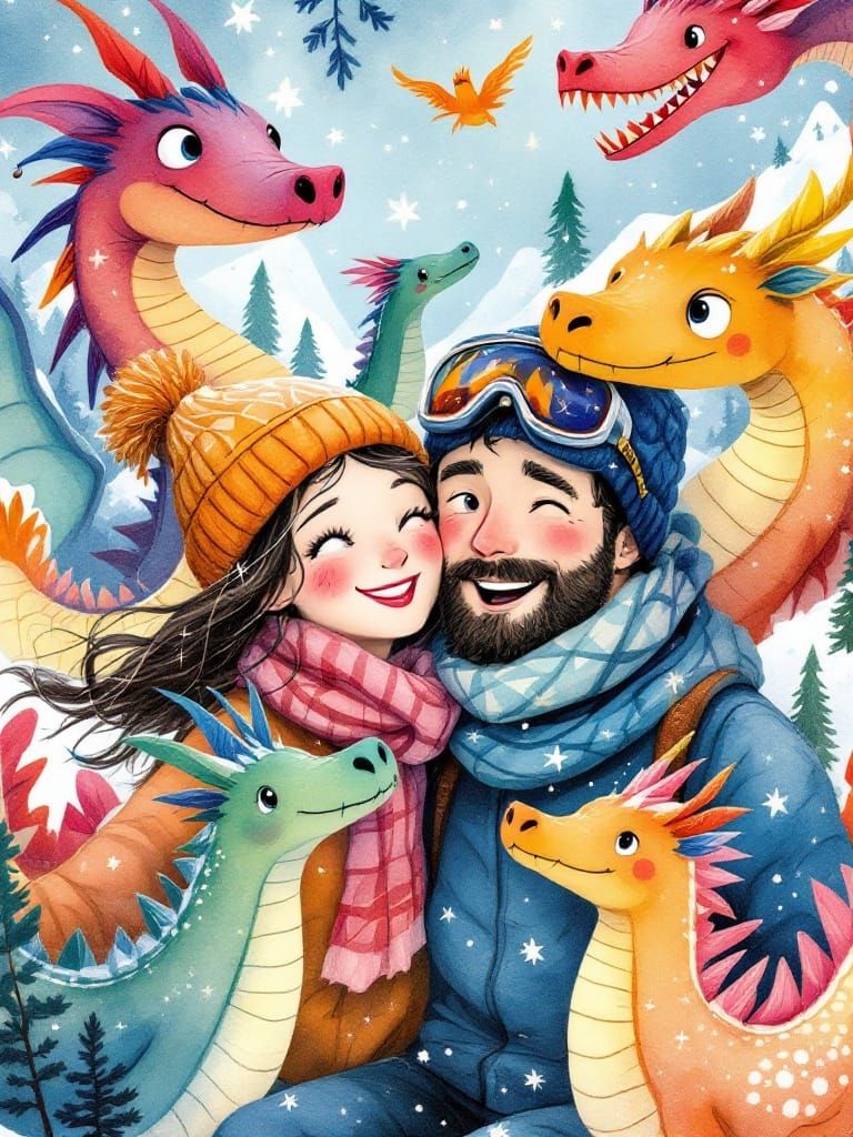 Whimsical Ski Date in Folk Art Style
