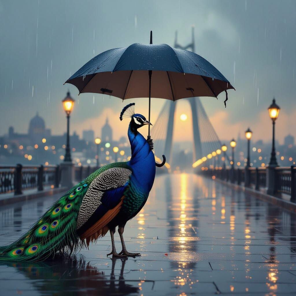 Peacock with Umbrella on Jerusalem Bridge in Rain