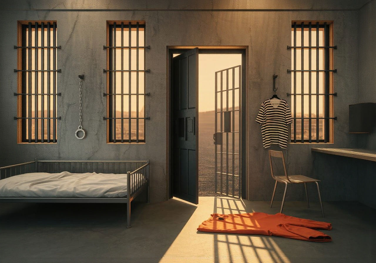 Empty prison cell with a wrong placed open door leading to freedom 