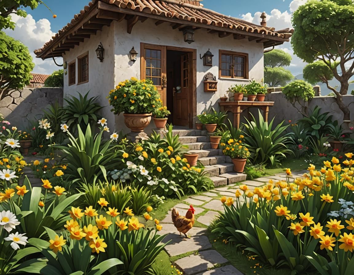 A fantastically detailed Mexican  house in a bit cloudy spri...