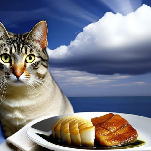 a cat next to a plate of scallops in butter