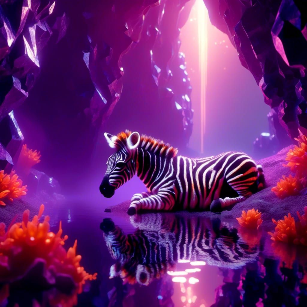 <lora:Crystalline Meta:1.0> a cute dark purple and orange crystal baby zebra sleeping in a cave with a lake, mystic fog, Reflections, cell-s...
