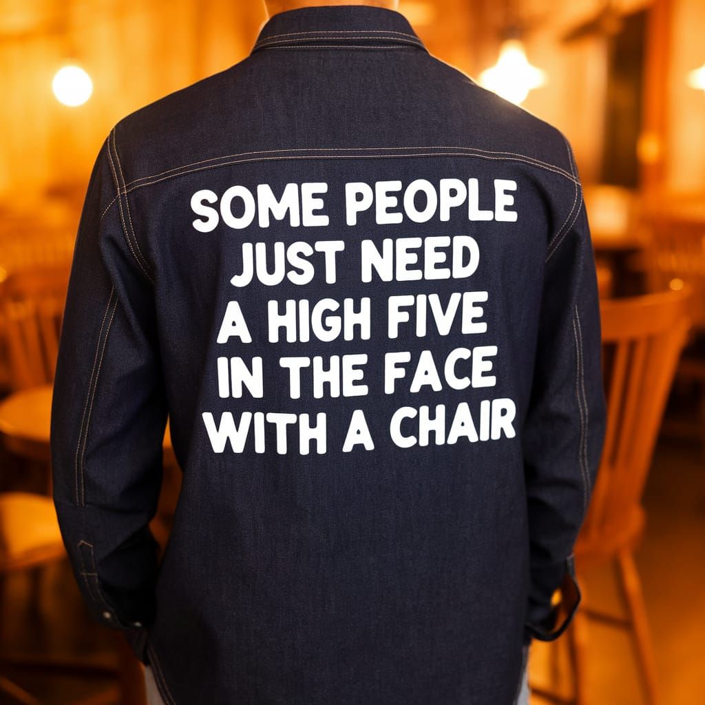 Denim Shirt with Bold White Lettering and Rustic Chairs
