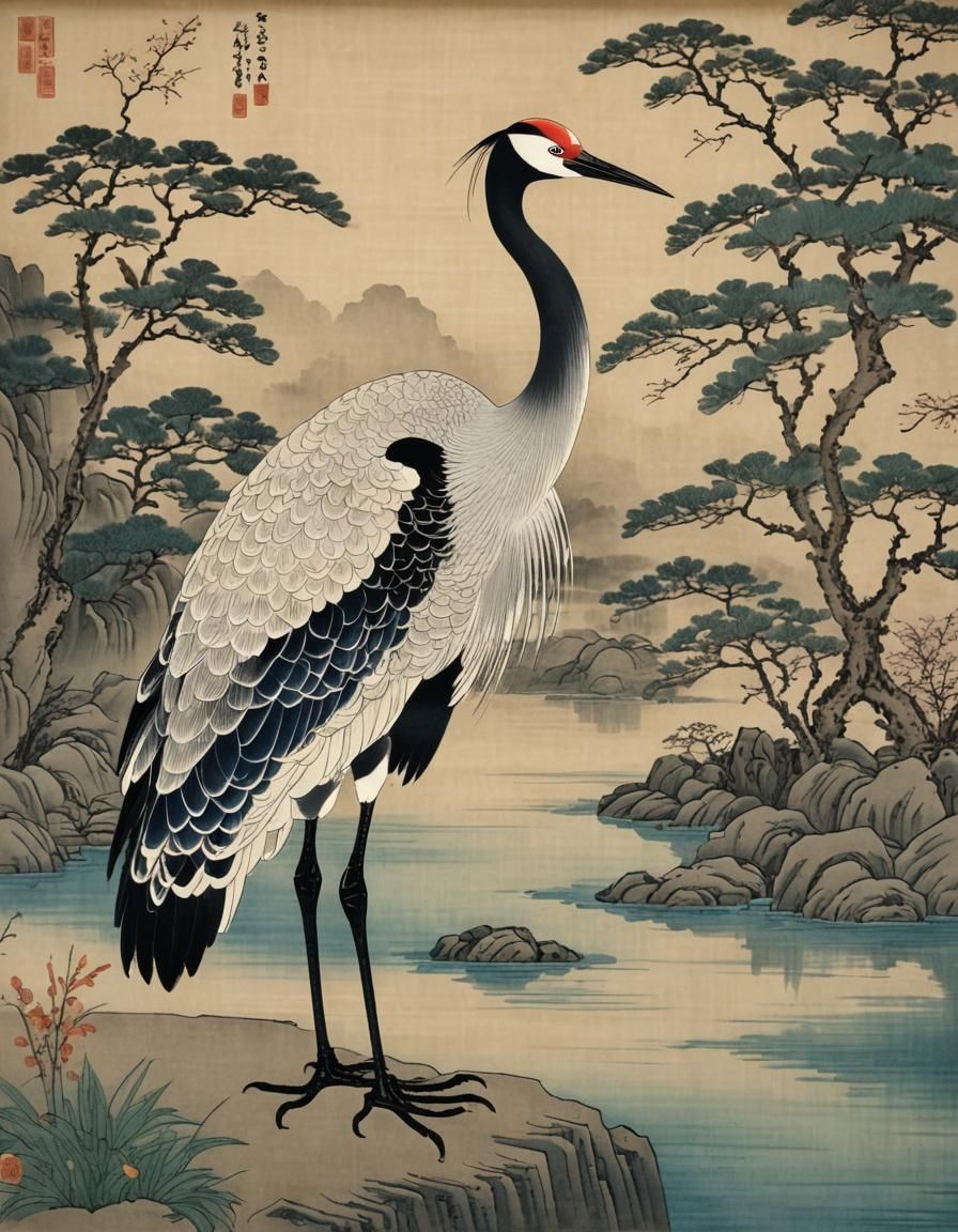 Crane at the lakeside, by Ito Jakuchu  by @Crystalline