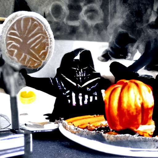 Darth Vader eating pumpkin pie