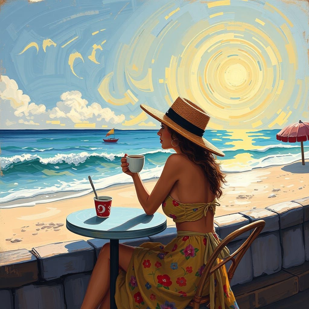 Impressionistic Woman Enjoying Coffee at Sunset