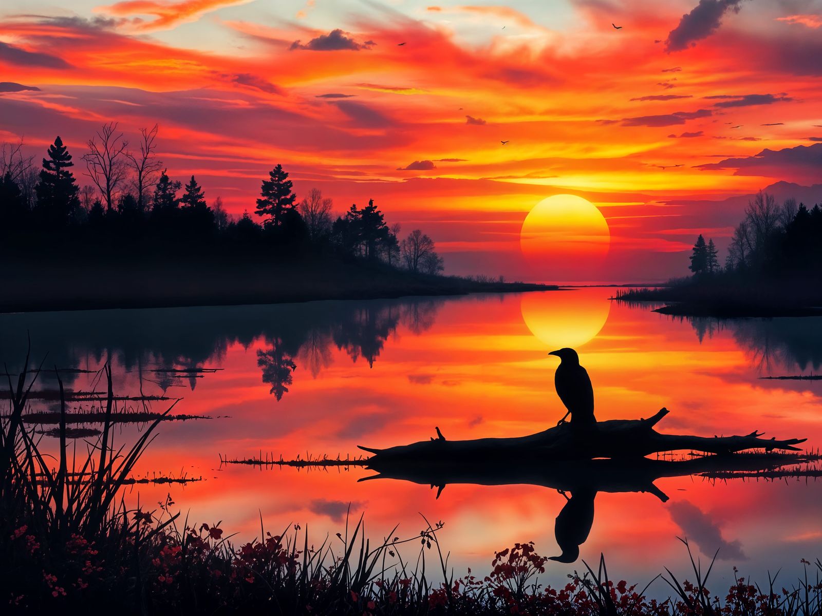 Majestic Sunset Scene with Raven and Water Reflections