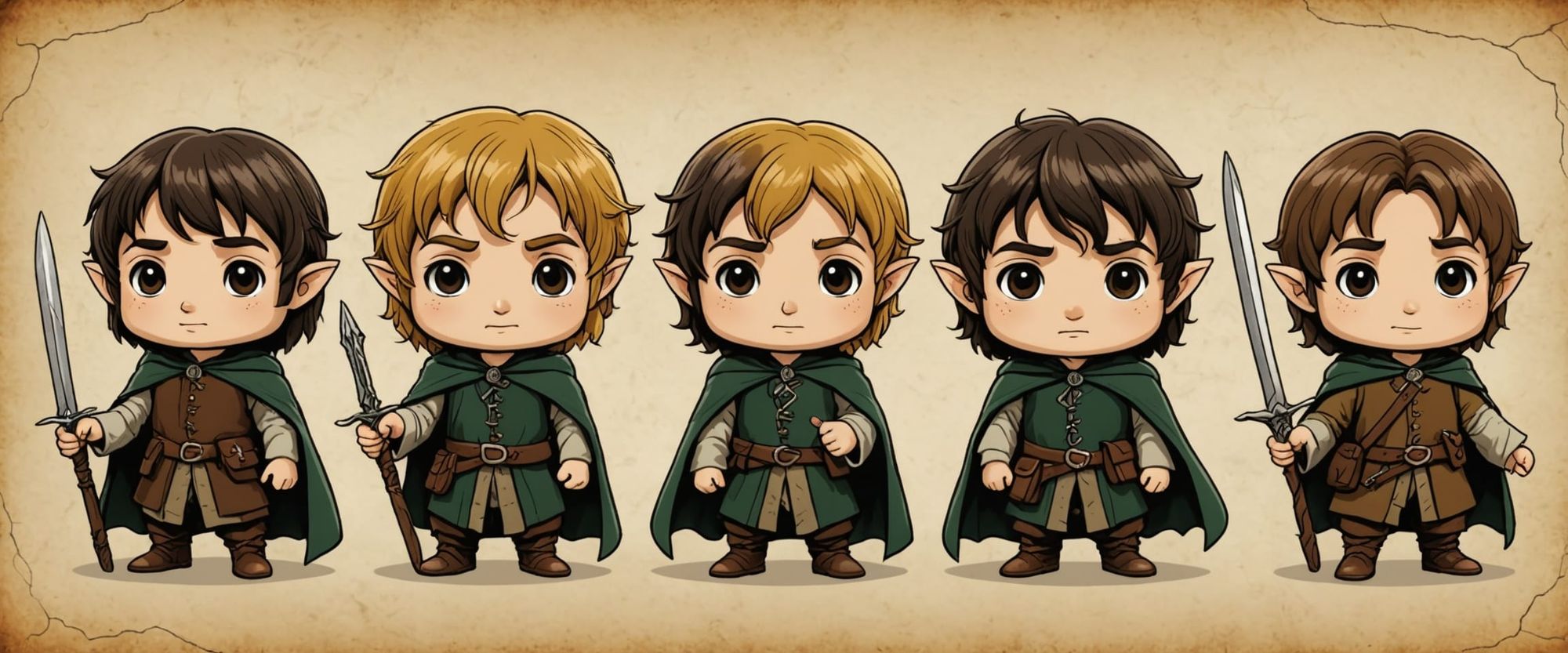 Lord Of The Rings Hobbits and Gandalf in chibi style in Lothlorien. The Hobbits and the Elves. 