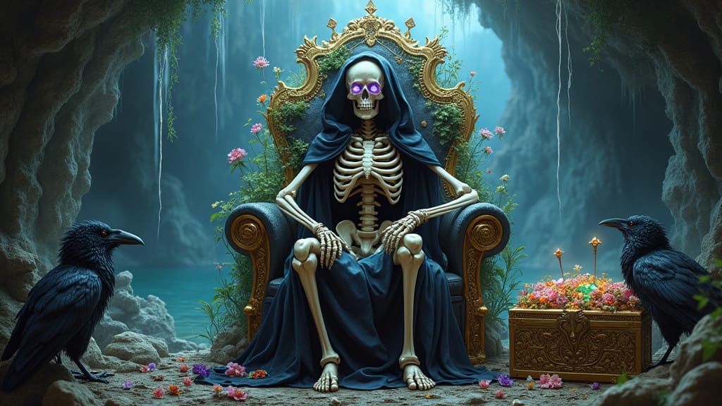 an ancient skeleton in a treasure cave landscape whimsical and dark with sparkling jewels and gold. Skeleton queen, in robe, spider webs shi...