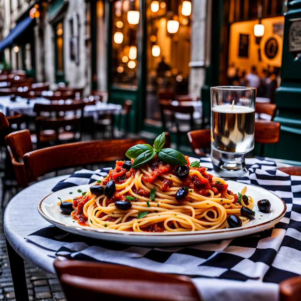 a plate of pasta puttanesca on a checker clothed candle lit table at an outdoor cafe, cobblestones, lady ...  by @Nebojsa
