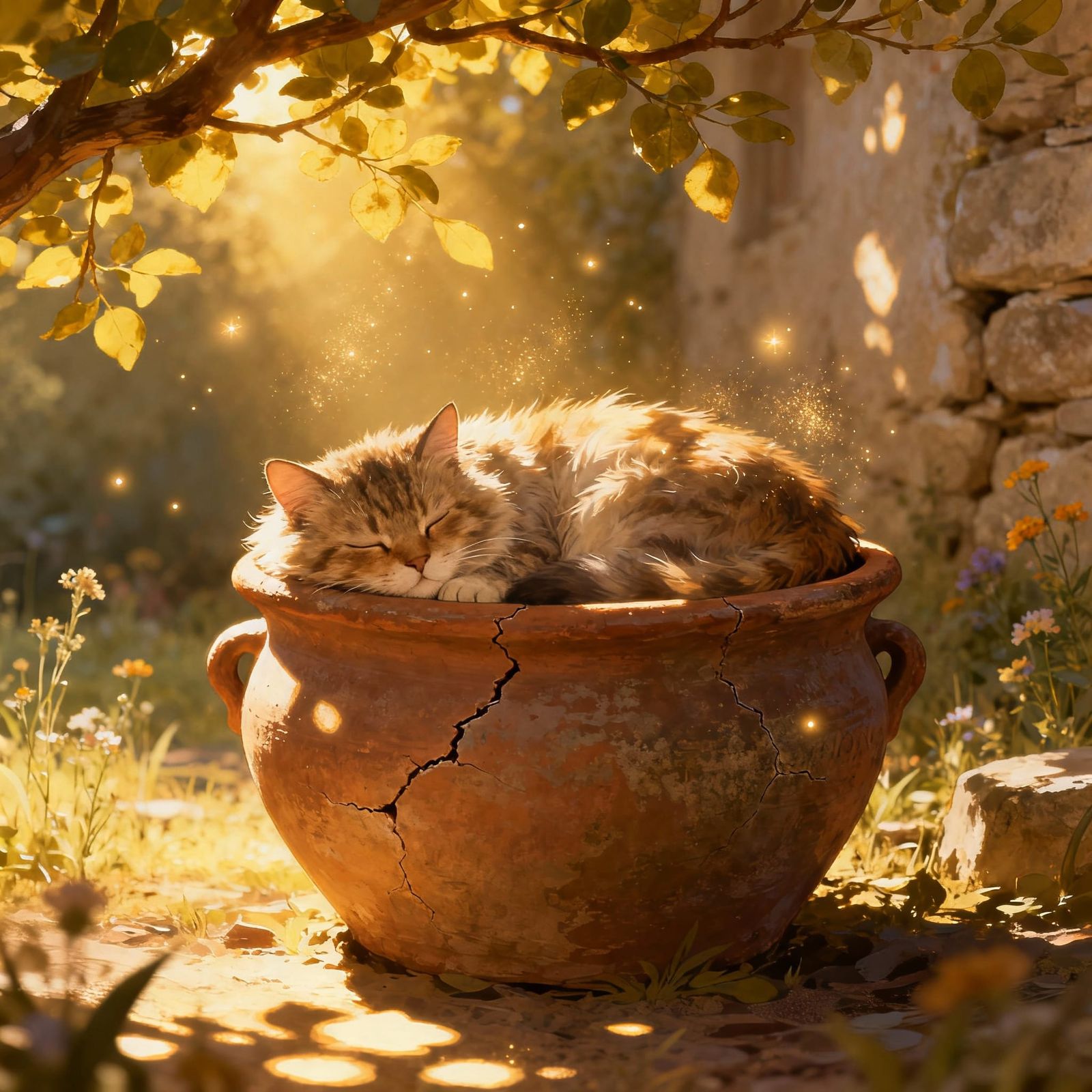 Cute Fluffy Cat Sleeps in Ancient Clay Pot