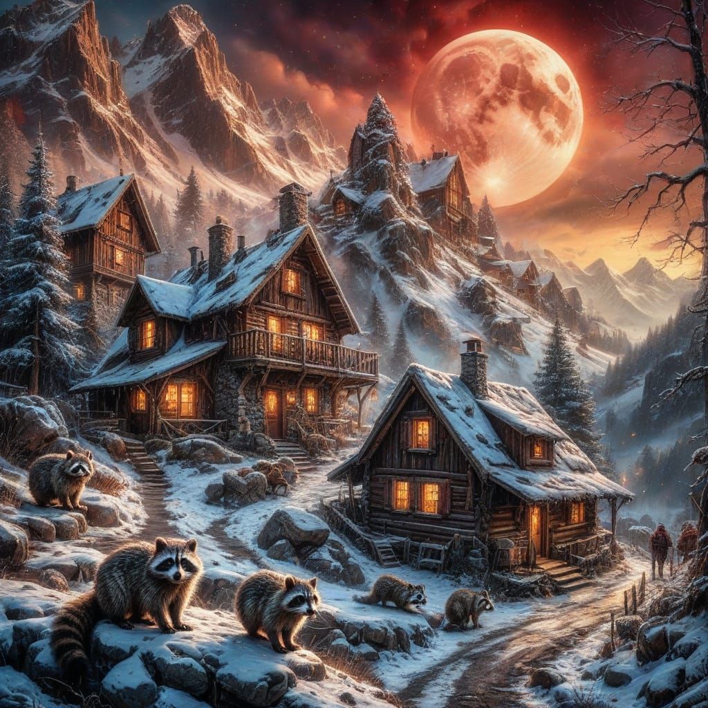 Rustic Stone Cabin with Raccoons