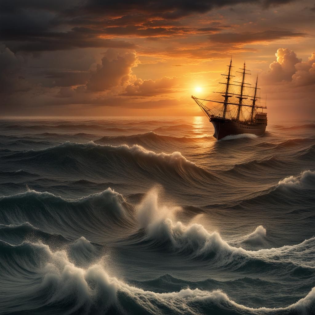 A sunset over and ocean, a ship on the water, stormy seas
