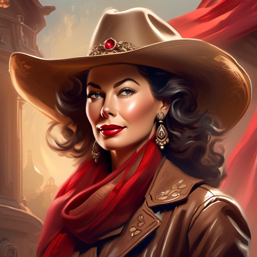 Portrait of Ava Gardner wearing a tan cowboy hat and red sca...