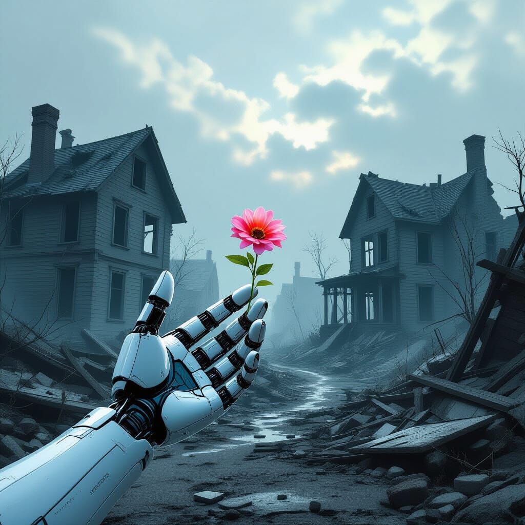 Robotic Hand Holds Flower Amidst Ruined Cityscape