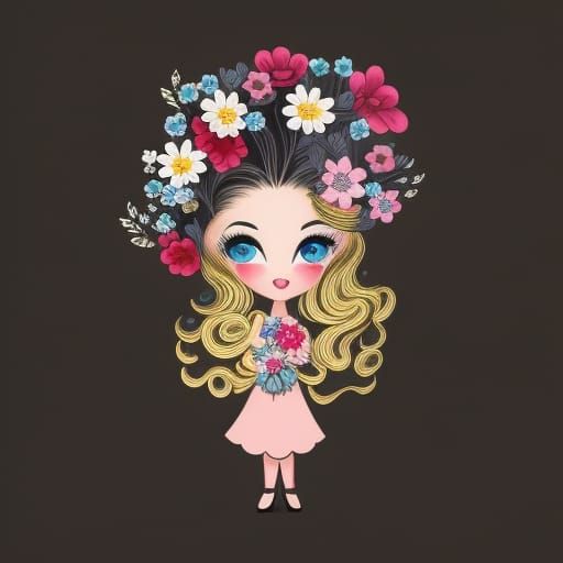 Cute cartoon beautiful girl with flowers in blonde wavy hair...